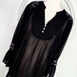 Grand & Greene Womens Shirt Semi Sheer Black Embroidered Boho Blouse Velvet L